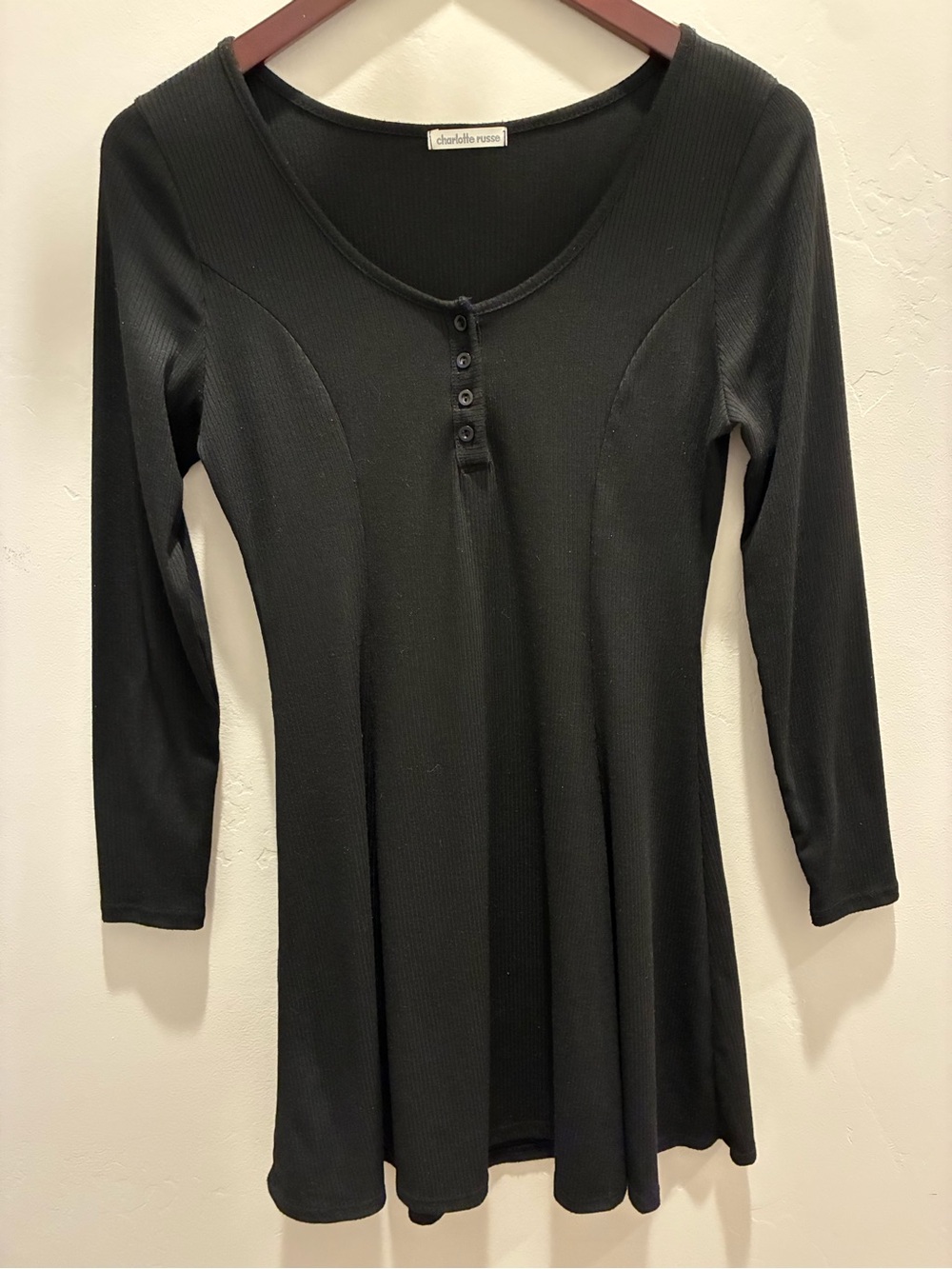 Charlotte Russe Black Ribbed Scoop Neck Henley Long Sleeve Top